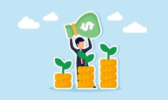 Businessman hold money bag behind graph with stacks of coins and plants on each part of graph illustration of take profit from progress in business financial investment performance vector