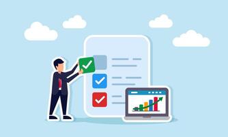 Businessman placing checkmark on task list document beside laptop displaying rising chart representing business performance vector