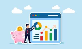Businessman standing near a piggy bank arranging a chart on an app interface illustration of monitoring and analyzing financial business investment statistics vector