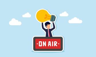 Businessman emerging from behind an on air sign holding a lamp illustration of live broadcast delivering motivation and inspiring business ideas vector