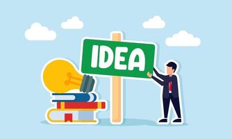 Businessman Fixing Idea Signboard Beside Stack of Books and Lightbulb Illustration of Business Idea Promotion and Awareness vector