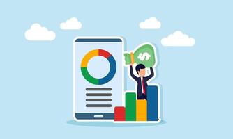 Businessman lifting money bag standing behind chart and next to smartphone displaying pie chart representing business success vector