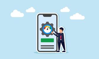 Businessman next to smartphone holding gear with measurement indicator illustration of digital business performance monitoring vector