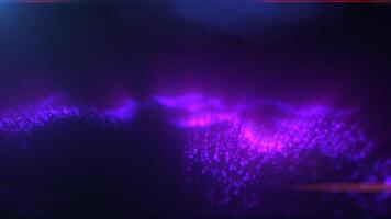 Vibrant digital particle grid with purple light beams and floating points, simulating a 3D data network video
