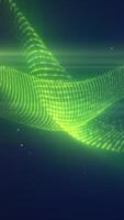 Abstract neon green glowing waves formed by particle lines moving in a digital wave structure on a dark blue background video