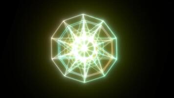 Bright radial grid of green and yellow lines with glowing energy in a digital light tunnel effect video