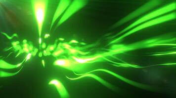 Abstract dynamic green energy lines and waves, bright glowing lights on dark background, digital concept video