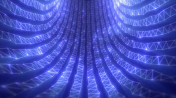 Abstract glowing data tunnel with luminous blue grid patterns forming a futuristic digital space video