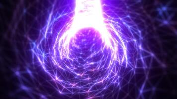 Purple glowing network tunnel with geometric lines and dynamic electric flow, abstract sci-fi background video