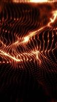 Glowing grid of orange particles forming fluid wave patterns in a dark digital space video