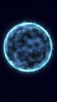 Brightly illuminated blue energy sphere in dark space, glowing edges with intricate surface texture and corona-like effects video