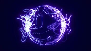 Vibrant swirling sphere of electric violet light trails on a dark background, symbolizing energy, technology, and futuristic movement video