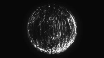 Bright white glowing sphere made of shimmering light threads, radiating against a black background video
