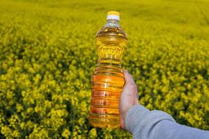 A hand holds a bottle of canola oil in a vast field of blooming rapeseed flowers, illustrating the connection between farming and the environment photo