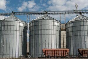 Large metallic silos are aligned in an industrial farm area, showcasing grain storage facilities under a bright blue sky photo