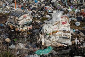 Trash accumulation overwhelms the landscape in an urban location, showcasing significant littering and environmental neglect photo