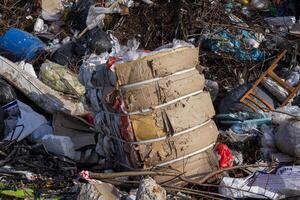 Piles of waste, including cardboard and plastic, are stacked haphazardly in an urban location, highlighting pollution issues photo