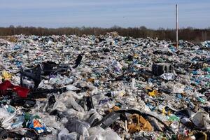 Large area filled with various types of plastic waste and garbage under a clear blue sky, highlighting environmental impact and pollution photo