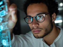 Focused programmer analyzing data on a digital screen. photo
