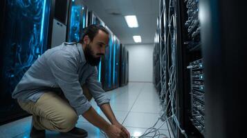 IT technician fixing hardware in a sleek server room, LED-lit racks glowing blue, cables neatly routed, low-light but high-contrast setting, Sony A7R IV, 35mm lens photo