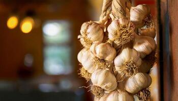 Golden-hued garlic bulbs, bundled together, hang drying in a homely kitchen, their textured skins illuminated by afternoon light streaming through an open window, carrying the scent of fresh basil. photo