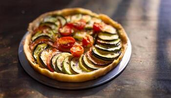 A homemade vegetable tart topped with thinly sliced zucchini, tomatoes, and caramelized onions, offering a perfect blend of savory flavors. photo