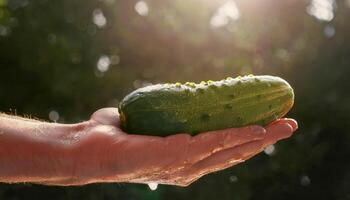 A close-up of a hand holding a large cucumber, freshly picked and covered in tiny water droplets that glisten in the warm sunlight, highlighting the freshness of homegrown produce. photo