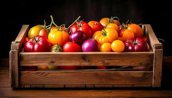 A rustic wooden crate overflows with heirloom tomatoes in a rainbow of red, orange, yellow, and purple, with some still clinging to their vines, capturing the essence of a bountiful harvest. photo