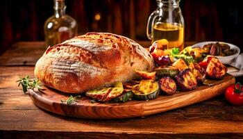 A rustic table setting with a wooden board filled with freshly baked bread olive oil and grilled vegetables photo