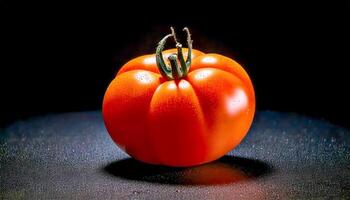 A simple, elegant photograph of a perfectly ripe heirloom tomato on a dark background, capturing its natural beauty. photo