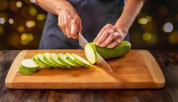 A chef skillfully slicing zucchini into thin ribbons on a cutting board, preparing ingredients for a vibrant and healthy summer salad. photo