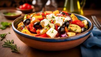 A Mediterranean-inspired summer meal featuring a large bowl of roasted vegetables, olives, and feta cheese, perfect for a light, refreshing dinner. photo