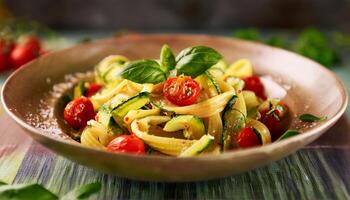 A beautiful summer vegetable pasta dish with roasted cherry tomatoes, zucchini ribbons, and fresh basil, served in a rustic bowl. photo