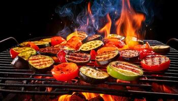 A grill sizzling with eggplants, bell peppers, and zucchini, cooking over open flames, forming perfect grill marks and creating a smoky, charred flavor ideal for summer meals. photo