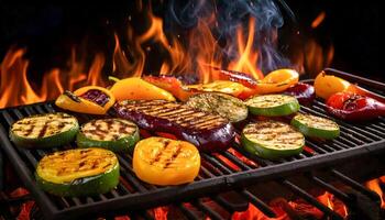 Eggplants, bell peppers, and zucchini sizzling on a grill over open flames, with crisp grill marks forming, creating a smoky, flavorful experience for a perfect summer meal. photo
