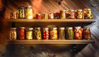 A rustic kitchen in the countryside with neatly arranged glass jars filled with pickled summer vegetables, evoking a sense of homely charm and preservation. photo
