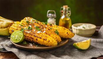 Freshly grilled corn on the cob, slathered in butter, dusted with chili powder, and finished with a touch of lime zest, served hot on a plate, ready to enjoy. photo