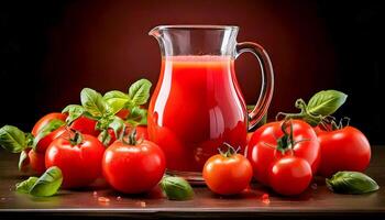 A pitcher of homemade tomato juice, surrounded by fresh tomatoes and fragrant basil leaves, creating a perfect summer drink display. photo