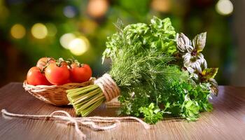 A fresh bundle of basil, dill, and parsley tied with twine, resting beside a basket filled with ripe, juicy tomatoes, perfect for a garden-to-table meal. photo