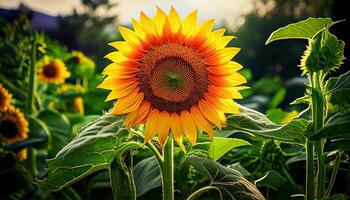 A radiant sunflower in full bloom stands tall in a lush field, its golden petals glowing in the sunlight. Surrounded by rich green foliage, it captures the essence of a warm, vibrant summer day. photo