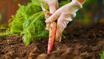 A close-up of a gardeners hands pulling a ripe carrot from the rich, dark soil, tiny roots still clinging to the earth. photo