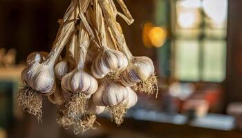 A string of garlic bulbs sways gently in a country-style kitchen, air drying near a window where sunlight filters through lace curtains, casting delicate patterns onto the wooden counter below. photo