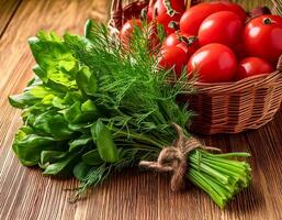 A fragrant bundle of fresh basil, dill, and parsley tied with twine, placed next to a basket of ripe tomatoes, capturing the essence of a rustic kitchen garden. photo