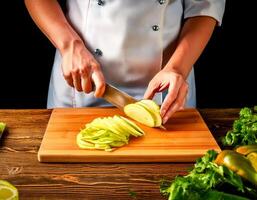 A cutting board with a chef slicing zucchini into thin ribbons, preparing them for a fresh summer salad. photo