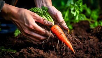 A close-up of a gardeners hands gently pulling a ripe carrot from the rich, dark soil, with tiny roots still clinging to the earth, showcasing the harvest process. photo