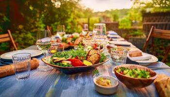 A table set for an outdoor summer feast, featuring grilled vegetables, fresh salads, and crusty bread, ready to be enjoyed under the warm sun. photo