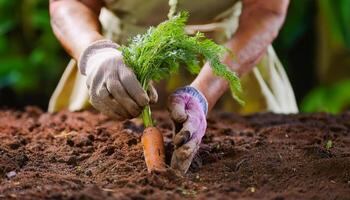 A gardeners hands carefully pulling a ripe carrot from the dark, fertile soil, with small roots still attached, emphasizing the freshness and earthiness of the harvest. photo