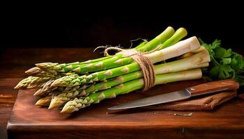 A bundle of crisp, fresh asparagus, in shades of white and green, tied neatly with twine, sits on a dark wooden cutting board with a sharp chef's knife resting beside it, ready for preparation. photo