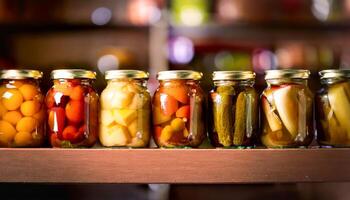 A collection of glass jars filled with homemade canned summer vegetables, perfectly lined up on a pantry shelf, ready for use in delicious seasonal dishes. photo