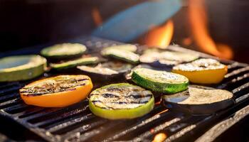 A sizzling grill with sliced eggplants, bell peppers, and zucchini cooking over open flames, with grill marks forming on the vegetables. photo